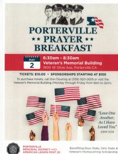 Porterville Prayer Breakfast, National Day of Prayer @ Porterville Veterans Memorial Building